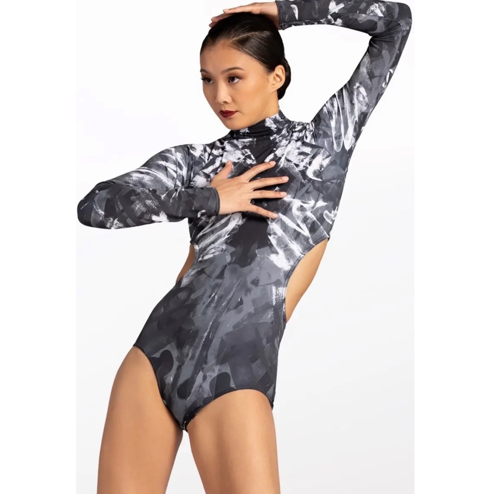 Weissman Elite | Ink Blot Print Leotard Gray and White Long Sleeve Cutout, SA